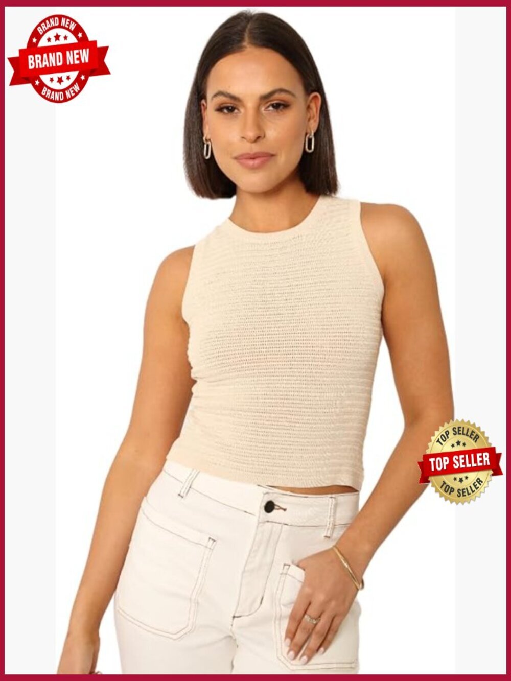Knit Tank Top with Round Neckline - Stretch Ribbed & Crochet Style
